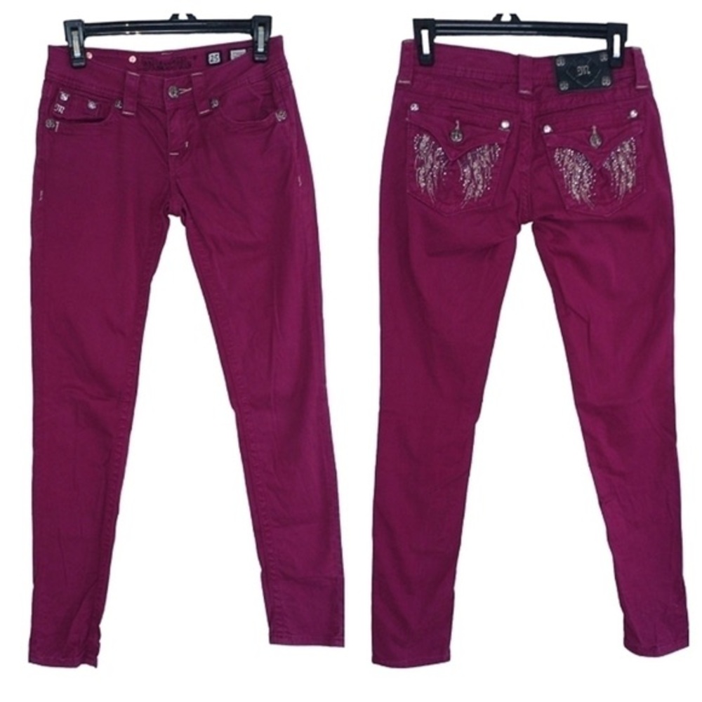 Miss Me Womens 25 Angel Wing Bling Pocket Skinny Jeans Burgundy Purple Biker